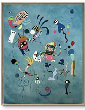 Pintura de fondo azul con figuras de colores y patrones a cuadros
