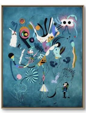 Pintura de fondo azul con figuras suspendidas y trazos negros