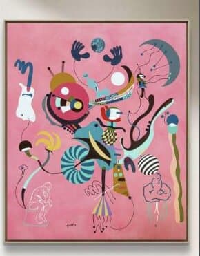 Pintura de fondo rosa con figuras filiformes, lunas y formas orgánicas