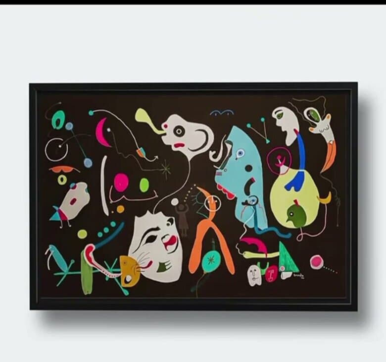 «Joan Had A Dream», pintura de fondo negro con figuras de colores